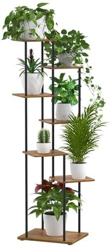 ALTORICO 7 Niveaux Support pour Plantes, 130 cm, Étagère pour Plantes en Métal Bois, Porte Plantes D'intérieur pour Plusieurs Plantes, Support Pot de Fleur le Balcon du Jardin, Salon, Bureau, Noir
