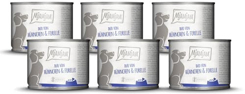 MjAMjAM - Premium Nassfutter für Hunde - DUO von saftigem Hühnchen & Forelle an gedämpfter Zucchini, 6er Pack (6 x 200g), getreidefrei mit extra viel Fleisch