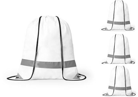 noTrash2003 4 Stück Kordelzug Turnbeutel mit Reflektorstreifen Sportbeutel Sporttasche Rucksack Wasserdichter Beutel Gym Bag für Damen Herren Jungs Mädchen Teenager Sicherheit im Dunklen (Weiss)