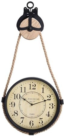 Carousel Home Industrial French Style Clock On Pulley | Metal Hanging Clock On Rope Pulley | Rustic Paris Wall Clock Black Metal Round Wall Clock