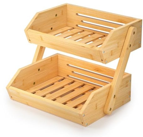 Calm Cozy Soporte de bambú para Cesta de Frutas, 2 Niveles Estante para Frutas,Cesta de Almacenamiento de Pan, Soporte para Verduras para encimera de Cocina