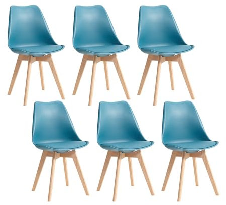 TTATC Lot de 6 Chaises de Salle à Manger avec Pieds en Bois de Hêtre Massif, Chaises de Cuisine au Design Rétro, Chaises de Bureau en Bois avec Siège Rembourré, Vert Encre