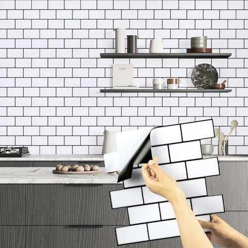 Alened Tile Stickers White 30x30cm/10Pcs, Self Adhesive Wall Tiles Vinyl Peel and Stick on Thickened Waterproof Kitchen Backsplash Bathroom Decor