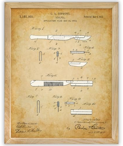 Scalpel Patent Print - Surgical Knife Poster, Surgery Room, and Office Wall Decor, Gifts for Surgeon Doctors, Medical Student, and Paramedic Gifts, 11x14 Framed Art Print Poster