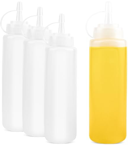 4PCS Bouteille à Condiments,Bouteille à Sauce 8oz,Flacon Sauce avec Capuchon,Presser Les Bouteilles,Flacon Souple Cuisine,Bouteille Sauce pour Pâte de Tomates,Huile d'olive,Sauces,Sirops,Autres épices
