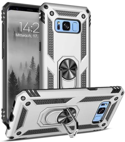 LBH Outdoor Hülle für Samsung Galaxy S8 Armor Militär Stoßfest Handyhülle 360 Grad Metal Ring Halter Ständer Schutzhülle für Handyhalterung Auto Magnet Silber