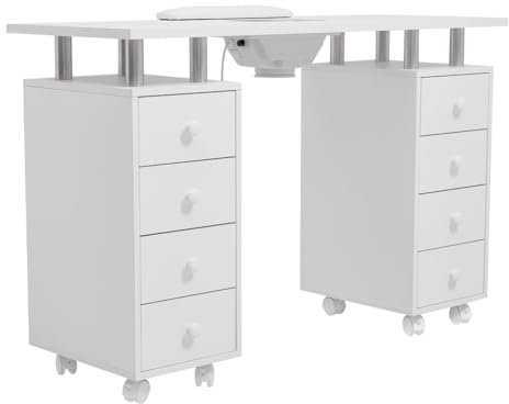 Vielllliving Nageltisch mit 8 Schubladen, 119x45x77 cm, Maniküretisch Mittlere Faserplatte, Staubsauger, 2800 U/min, 2 Staubsaugerbeutel, Aluminium-Legierung Griffe, Kunststoffrollen