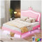 Sapgaks Lit Enfant avec Lampes LED,Double Couronne Blanche en Cuir PU,lit cabane Enfants 140 x 200 cm,lit 2 Personne avec sommier à Lattes et Dossier,Rose (Matelas Non Inclus)