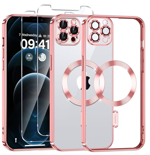 Phoona Cover Placcatura per iPhone 12 Pro Max 6,7 Pollici, Obiettivo per Fotocamera Protezione Completa e 2 × vetro temperato, Compatibile con MagSafe Ricarica Wireless, Protezione Militare, Rosa