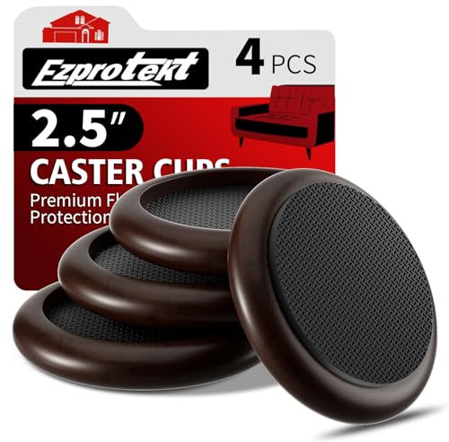 Ezprotekt Φ 63,5 mm Non Slip Wood Furniture Caster Cups, 4 PCS Furniture Pads for Hardwood Floors, 2.5” Sofas Beds Chairs Coasters with Anti-Slide Round EVA Pads -Dark Brown
