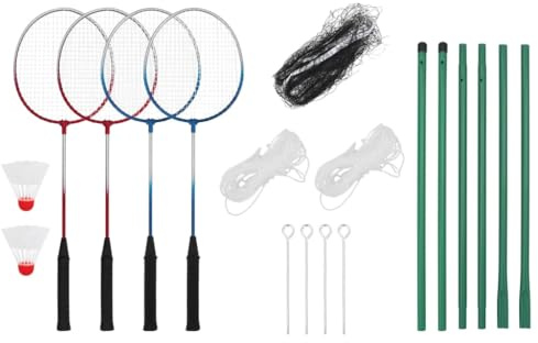 vidaXL Badminton Set, Federballset mit 4 Schlägern Netz, Federballspiel für Jugendlich Erwachsen Familien, Badmintonschläger, Metall PE