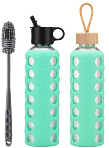 BLUEGO Glass Water Bottle, 700ml Borosilicate Drinking Bottle with 2 Lids-Handle Flip Straw Lid&Bamboo Lid, Motivational Water Bottle with Time Marker and Silicone Sleeve, Leakproof, Green