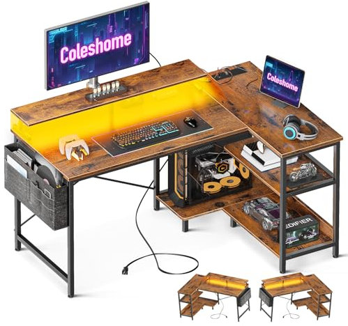 Coleshome L Shaped Gaming Desk with LED Lights, 120 × 80 cm Computer Desk with Power Outlet, Reversible Corner Gaming Table with Storage Shelves & Monitor Stand, Vintage Brown