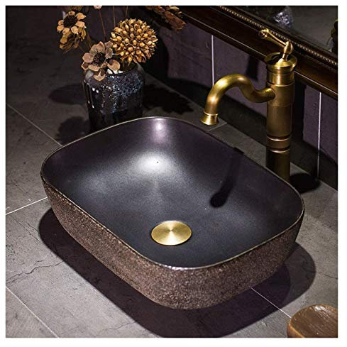 DDKYHU Mobile lavabo con lavabo da Bagno, lavabo da appoggio, lavabo Vintage, lavabo Rettangolare Nero, lavabo in Porcellana e Ceramica da appoggio