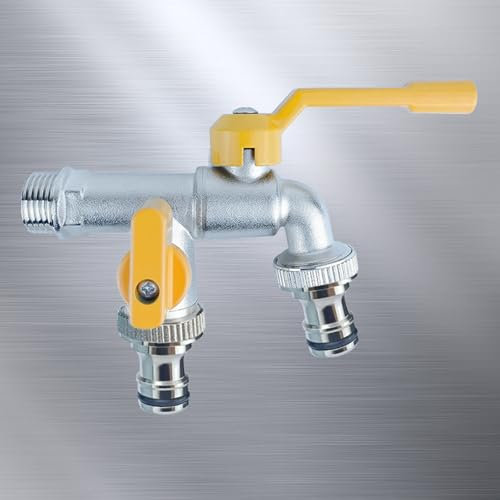 TYMYW Grifo Exterior Antihielo Grifo Doble de Latón para Jardín Conexión de 1/2 Pulgada con 2 Conexiones para Manguera,Cobre Cromado