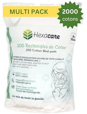 Hexacare - Lot de 10 Paquets de 200 Rectangles de Coton | Pads 8x10 cm Extra Doux pour Bébé et Démaquillage | 100% Fibres Naturelles | Hypoallergénique | Testé Dermatologiquement