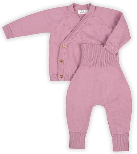Livella Ensemble Bébé 100% Laine Mérinos - Pantalon & Cache-cœur Évolutif - Tailles 50-74 - Vieux Rose & Crème - Lavable en Machine