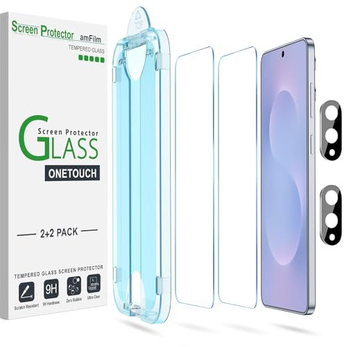 amFilm 2+2 Piezas OneTouch Protector de Pantalla para Samsung Galaxy S25 Edge 5G, Dureza 9H con Protección de Lente de Cámara Fabricada en Cristal Templado, Fácil Instalación y Sin Burbujas