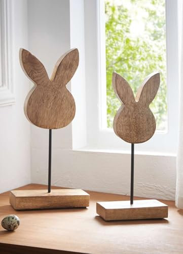 Dekoleidenschaft 2X Osterdeko Hase aus Mango Holz, 25 + 29 cm hoch, Moderne Dekofigur, Osterhase, Silhouette, Skulptur