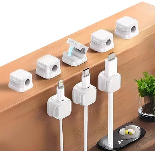 Magnetic Cable Clips 8-Pack – Self-Adhesive Cord Organizers for Desk, Wall & Car – Secure Cable Management Solution for Phone Chargers, USB Cords, Power & HDMI Cables (White)
