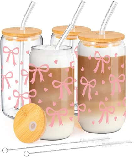 MEIMUCUL Bow Glasbecher Mit Deckel Und Strohhalm,4 Stück Clean Girl Aesthetic Glas Mit Deckel und Strohhalm,Eiskaffee gläser 500ml,Trinkgläser Personalisierte Geschenke für Beste Freundin,Schwester