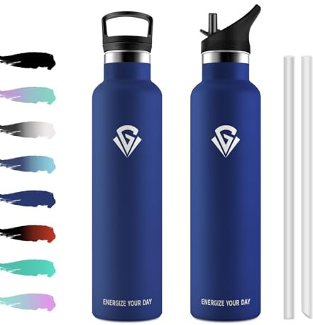 Thermosflasche 1L, BPA-Frei, Edelstahl Trinkflasche mit Strohhalm, Vakuum Thermosflasche, Einhandöffnung, Kohlensäure Geeignet, Isolierte Wasserflasche für Fahrrad, Picknick, Fitness, Sprudel