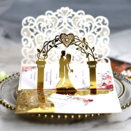 Pop Up Karte Hochzeit, Hochzeitskarte 3D Pop Up mit Umschlag, Gold Hochzeitseinladung, Hochzeitskarten für Standesamt & Kirchliche Trauung, Romantische Glückwunschkarte zum Hochzeitstag (Gold)
