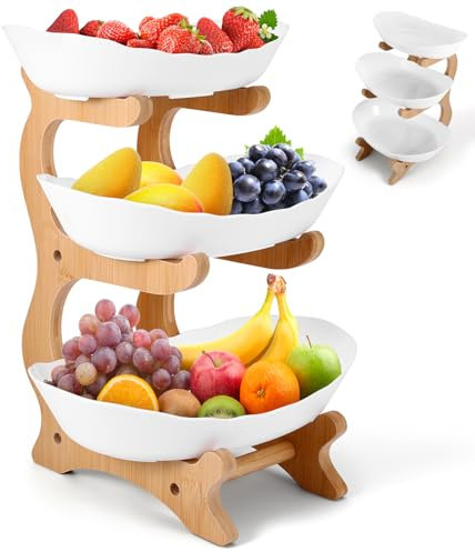 DEECOZY Obst Etagere 3 Stöckig Kunststoff Obstschalefür mit Bambus-Ständer, Platzsparendes Obstkorb Etagere für die Familie, Obstschale Modern für Gemüse, Obst, Snacks(Weiß)
