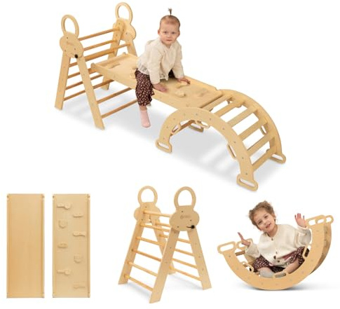 FINOOS Montessori Indoor Spielset: 7-in-1 Klettergerüst mit Rutsche & Bogen für Kleinkinder und Kinder (1-3 Jahre) (Naturholz)