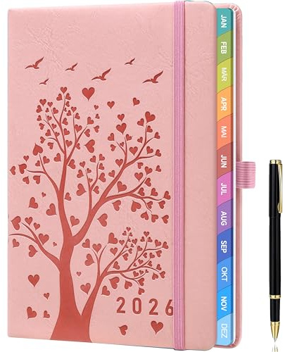 2026 A5 Wochenplaner & Kalender – Wochenübersicht, Jan–Dez mit farbigen Monatsreitern, Stift, Tasche, Lesezeichen – Pink – Perfekt für Frauen, Jugendliche, Schüler & den täglichen Gebrauch