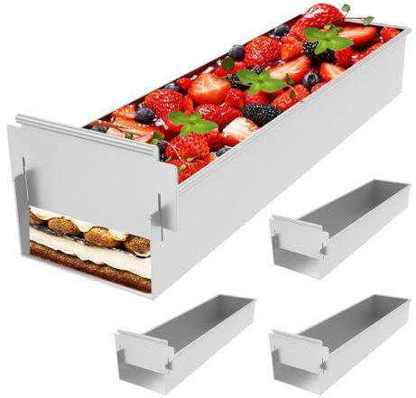 Gaxcent 4 Stück Backrahmen Rechteckig Verstellbar 41,7x10x6cm, Antihaft Rechteckige Backform Aluminiumlegierung mit Abnehmbar Seitenteilen, Tiramisu Kuchenform für Tiramisu Käsekuchen,Silber