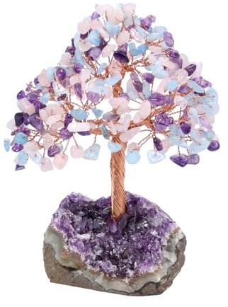 JSDDE Arbre de Vie en 3 Types de Pierres Base Améthyste Brute Décoration | Zen Bonsai Arbre de Cristal en Base Geode Améthyste Naturelle Bibelots Porte-Bonheur Bureau Spirituel Cadeau Lithotherapie