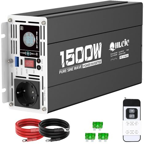 HLCJC Spannungswandler 1500W/3000W Reiner Sinus- Wechselrichter 12V auf 230V, 1 EU Steckdose, mit 1x PD 30W USB-C, 1xQC 3.0 18W USB-A Schnellladung, LCD-Anzeige für Wohnmobil LKW KFZ