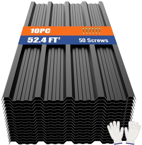 Brakki Metal Roofing Panels 10pcs 52.4 ft², Black Corrugated Galvanized Steel Roof Panels with Screw, Heavy Duty Metal Siding Suitable for Garages Chicken Coop Sheds Stables Patio
