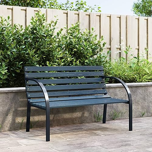 Teenpull Gartenbank 120 cm Grau Holz, Robuste Outdoor Bank mit Stahlrahmen, Wetterfeste Sitzbank für Terrasse, Balkon, Veranda, Parkbänke für Außenbereich