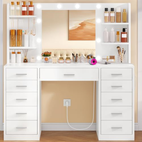 SLINEMO Large Dressing Table with LED Lighting and Sockets, 11-Drawer Vanity Desk with Mirror & 5 Jewellery Hooks, White Bedroom Vanity Table with 4 Storage Shelves, White