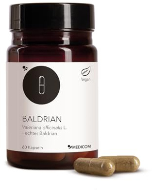 Medicom - Baldrian 100 mg, Baldrianwurzelpulver, 60 Kapseln | Entspannung, Erholsamer Schlaf, Innere Ruhe, Pflanzlich, Vegan, Glutenfrei, Laktosefrei, Wurzel, Beruhigend, Hochwertig