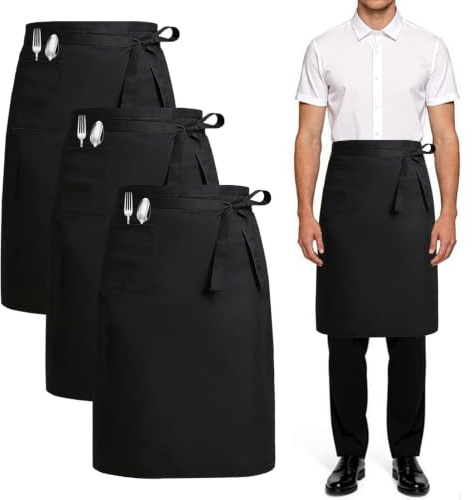 zvzvrog 3 Stück Schwarz Vorbinder Schürze, Lang Kochschürze mit 2 Taschen für Herren Damen, Kellnerschürze für Gastronomie Arbeits Küche Restaurant Grill Cafe Bar Bistro Garten Backen