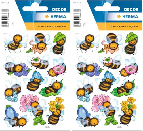 HERMA 3569 Aufkleber Bienen klein groß, 36 Stück, Tiere Sticker mit lustigen Bienen Blumen Motiv, Kinder Etiketten für Fotoalbum Tagebuch Poesiealbum Scrapbooking Geburtstag Deko Briefe DIY Basteln