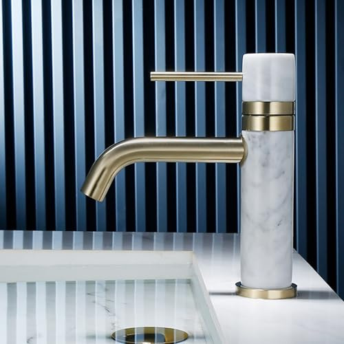 BiaoTeng Mitigeur Salle de Bain Monotrou eau Chaude et Froide Robinet Lavabo Salle de Bain Laiton Monocommande Or Brossé + Blanc