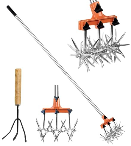 Rotary Garden Cultivator Hand Tiller with Adjustable Steel Pole | Cultivators for Gardening Soil or Reseeding Grass&Lawn Care