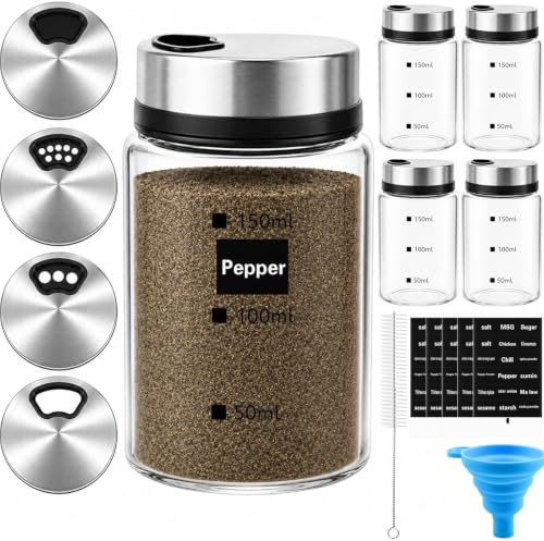 Mssushi 5 Pack Small Salt and Pepper Shakers 150ml/5oz, Glass Spice Jars | Adjustable Pour Holes with Lids, Spice Containers, Salt Pot, 5 Labels, Brush, Funnel, Kitchen, BBQ, Camping