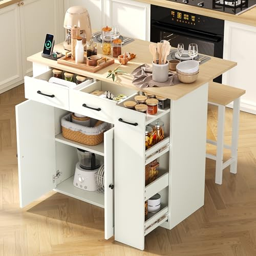 Generisch Isla de cocina extensible blanca con regleta USB Type-C, estantes ajustables cajones y 2 sillas, encimera de cocina para cocina, comedor, capacidad de carga de 60 kg