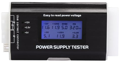 ATX Power Supply Tester with LCD Display, 20/24Pin + SATA + P4/P6/P8 + PCI - E 6Pin Support, Aluminium Alloy Housing for Desktop PC PSU Diagnostics