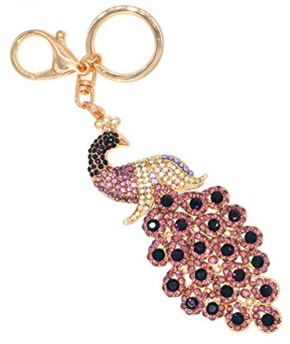 Peacock Metal Bling Crystals Rhinestone Keychain Alloy Keyring Keyfob Charm for Handbags Wine Red