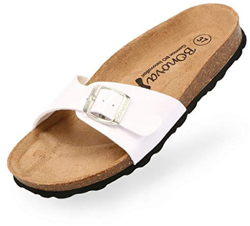 BOnova Damen Pantoletten Teneriffa in Lack weiss 36, modischer Einriemer mit Korkfußbett - komfortable Sandalen zum Wohlfühlen - hergestellt in der EU