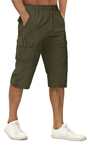 TACVASEN Herren 100% Baumwolle Casual Military Elastische Capri Cargo Kurze Hosen mit Multi Taschen, 38, Armeegrün