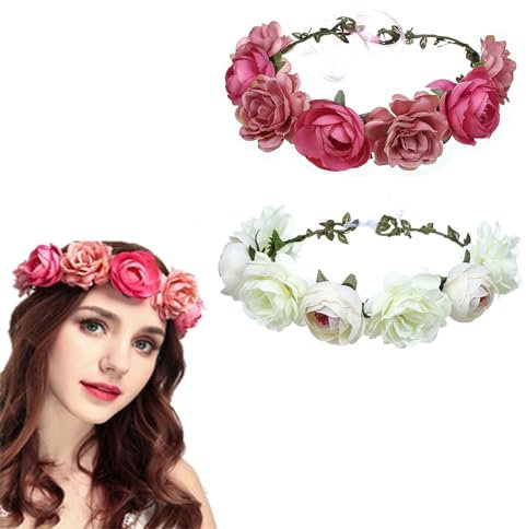Wohlstand Blumenkrone,Braut Stirnband,Simulationsblume Girlande, Frauen Mädchen Blumen Kranz,Böhmen,Stirnband mit verstellbarem Band für Frauen oder Mädchen als Haarschmuck,Hochzeit-2 Stück