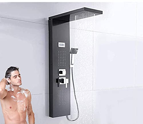 Pannello Doccia Idromassaggio Colonna Doccia Termostatica, Cascata Doccia a Pioggia in Acciaio Inox, 5 in 1 Soffione e doccetta, Display LCD della Temperatura dell'Acqua, Risparmio idrico del 30%