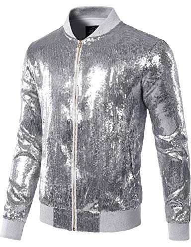 JOGAL Herren Metallic Pailletten Jacke 70er Baseball Bomberjacke Disco Nachtklub Party Kostüm Silber XX-Large
